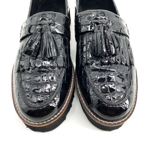 ASOS DESIGN Croc Meze Chunky Fringed Patent Leather Loafers - Picture 6 of 16